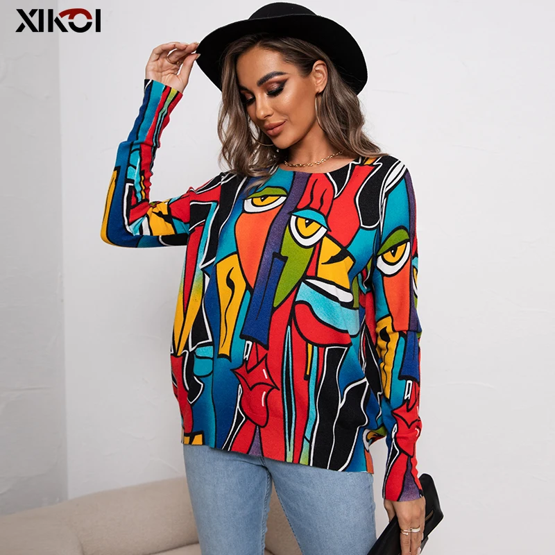 2022 Winter Knitting Sweater Pullovers Women Long Sleeve Tops O-neck Knitted Print Sweater Women Clothes Oversized Female Shirt