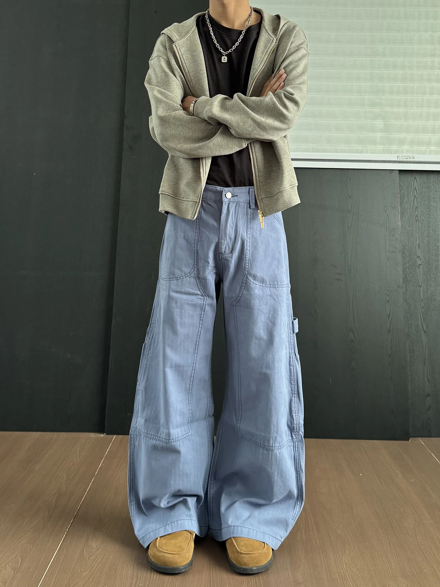 

Cemoliqiu Vintage Blue American Workwear Pants Loose Straight Leg Baggy Casual Cotton Trousers Youth Faion Autumn Wear