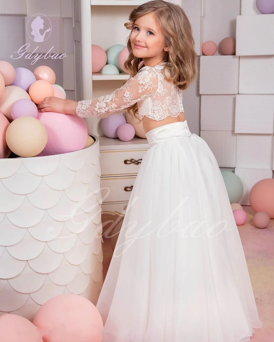 

Lace Tulle Flower Girl Dress For Wedding Applique 2PC Set Princess Kids Birthday Party First Holy Communion Baby Ball Gown