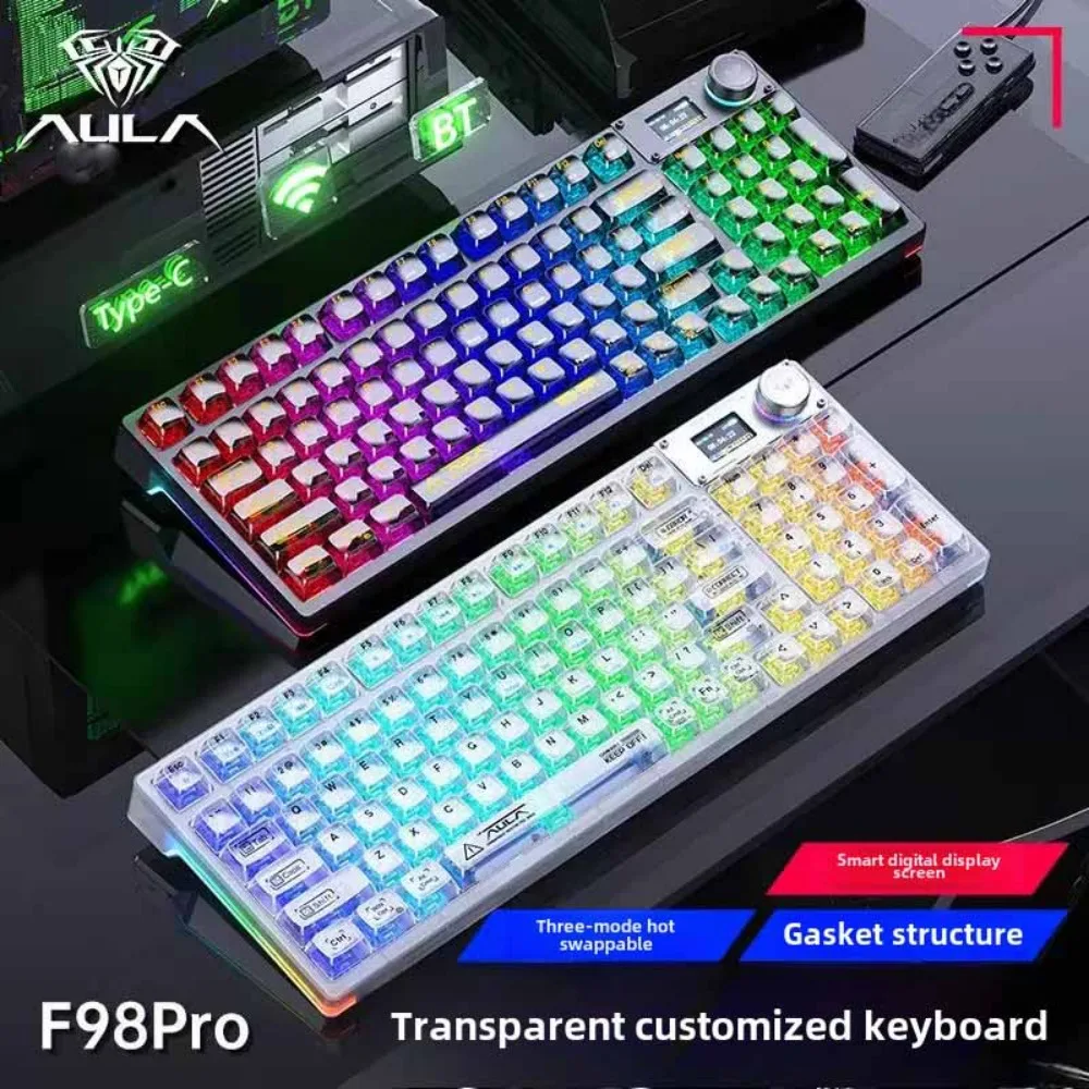 AULA F98 Pro Gaming-Tastatur, mechanische Tastatur, BT5.0/2,4 G/kabelgebunden, transparente