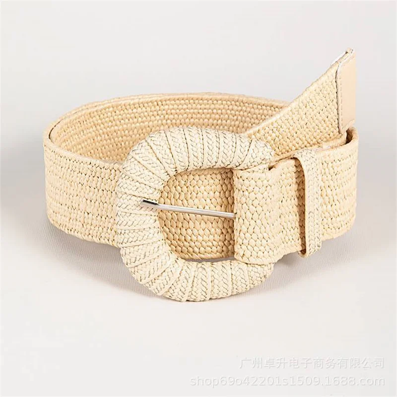 NATURAL RAFFIA BROWN WOVEN BELT Bohemian Boho Raffia Wicker Belt for Women Stretch Wide Waist Chain for Dresses with Buckle Acce