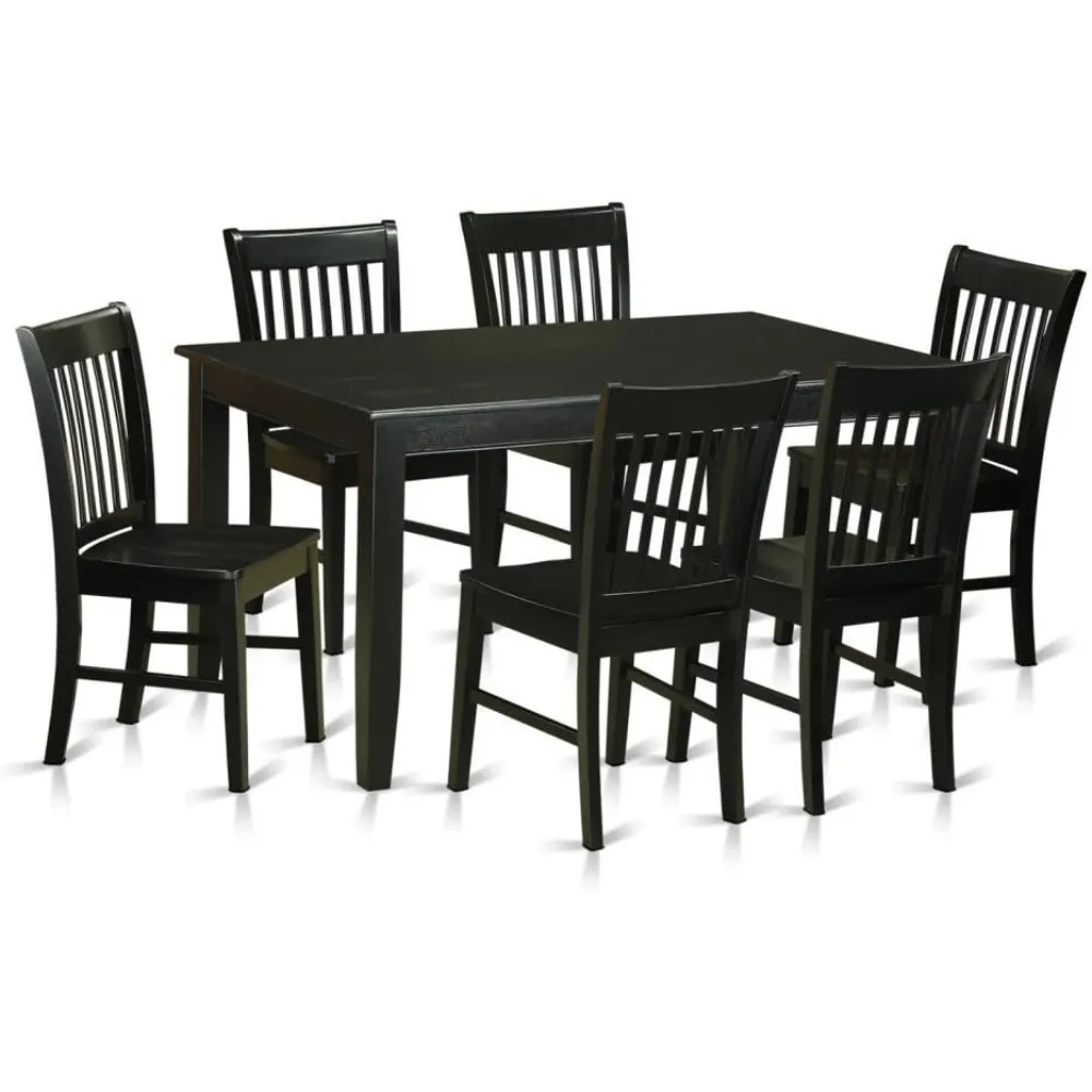 DUNO7-BLK-W 7-Piece Kitchen Table Chairs Set - a Rectangular Modern Kitchen Table - 6 Wood Dining Chairs with Solid Wood Seat