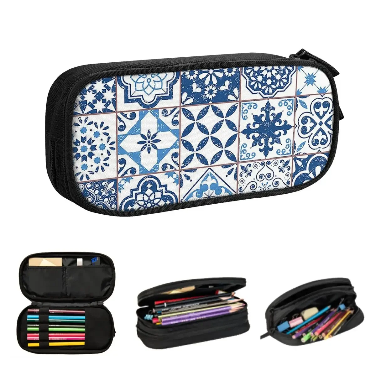 Portuguese Azulejos Pencil Cases Large Storage Pen Bags Pen Box Pencil Pouch For Boys Girls Students Stationery School Office