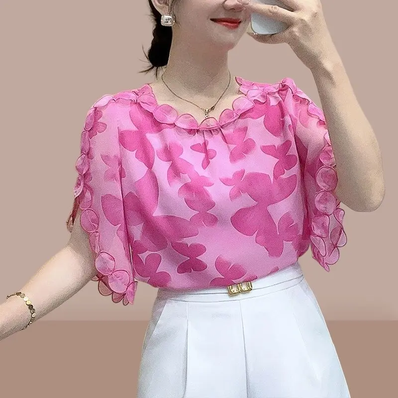 Elegante O-Hals Bedrukte Plooien Ruches Flare Mouw Blouses Dameskleding 2024 Zomer Nieuwe Losse Koreaanse Tops Office Dame Shirts