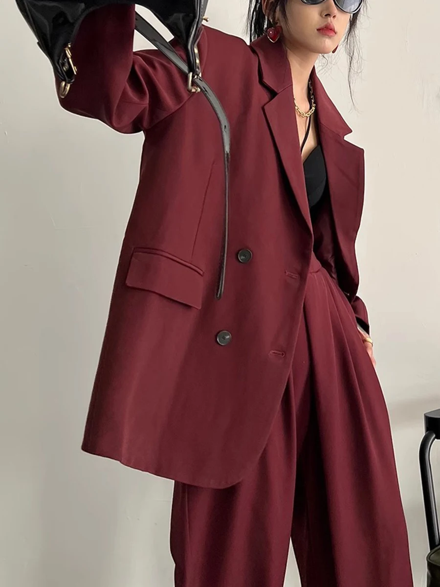 CHICEVER Burgundy Color Blazer For Owmen Notched Collar Long Sleeve Patchwork Double Breasted Loose Vintage Coat Female Clothing