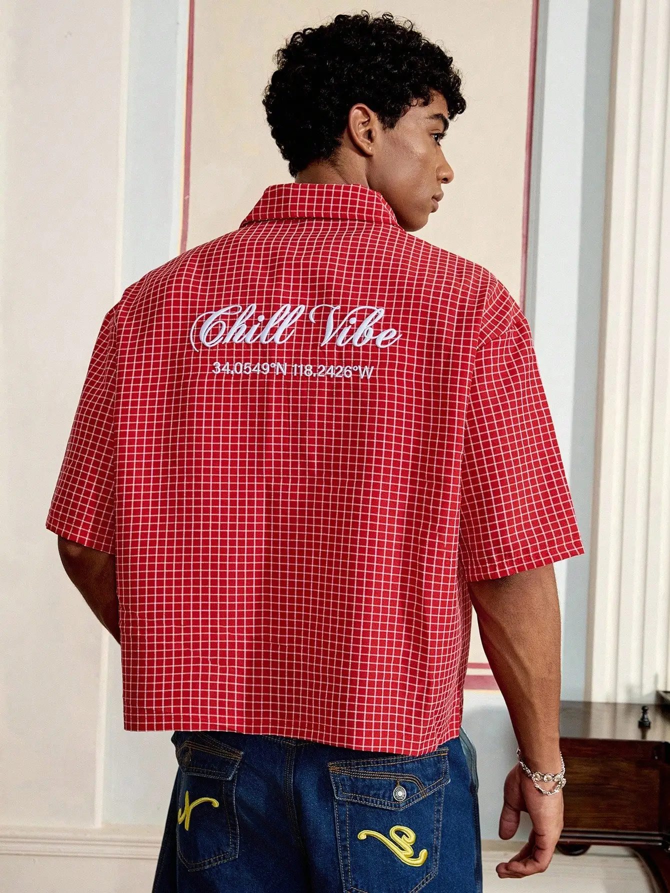 

Men's Red Grid Print Short Sleeve Casual Shirt with Embroidered Script Back