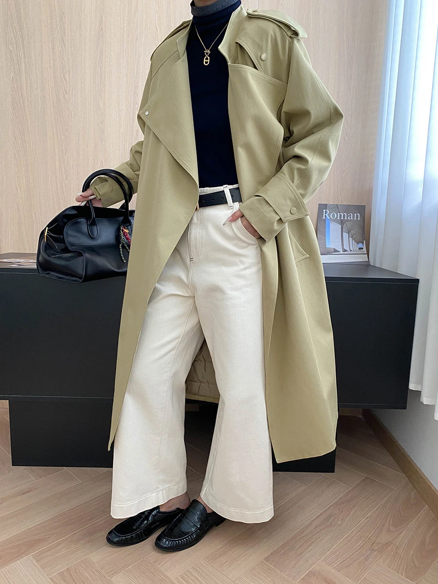 FANAN Elegante Lange Graben Mäntel Für Frauen Revers Gürtel Versammelt Taille Temperament Windjacke Mode Weibliche 2025, Winter Neue