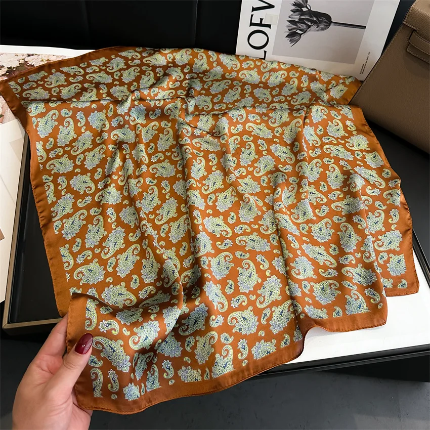 New Paisley Print Square Scarf Soft Satin Bandana Vintage Windproof Head Wrap Shawl Imitation Silk Travel Beach Towel