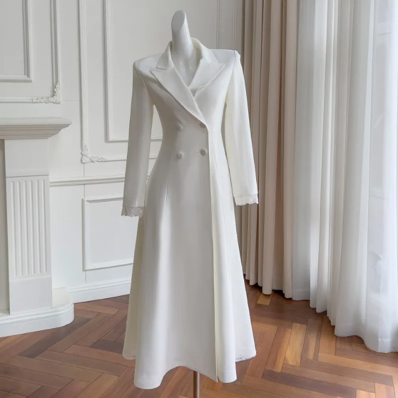 Autumn Winter New White Annual Meeting Dress Autumn Suit Dresses Commuter Professional Long Sleeve Mid-Length Blazer Vestidos