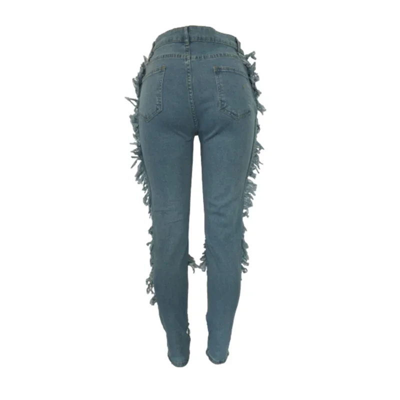 Women Side Splice Tassel Fashion Pencil Jeans Stretch Slim Fit High Waist Denim Trousers Female Trend Casual Broken Holes Pants