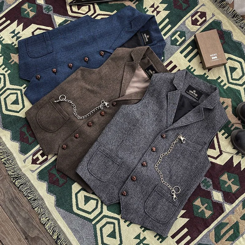 

Solid Cargo Herringbone Vest Men Spring Suit V-neck Sleeveless Layered Tops Single Breaste American Retro Oversize Male Clothing