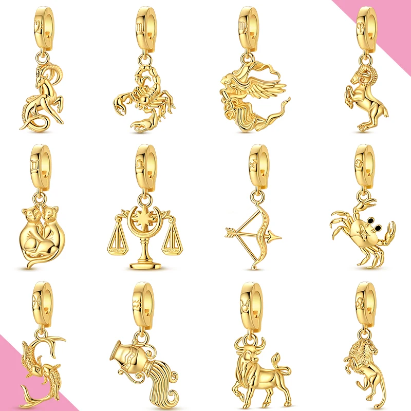 

925 Sterling Silver Charms Pendant Golden 12 Constellations Libra Sagittarius For Woman Fit Original Bracelet Diy Fine Jewelry