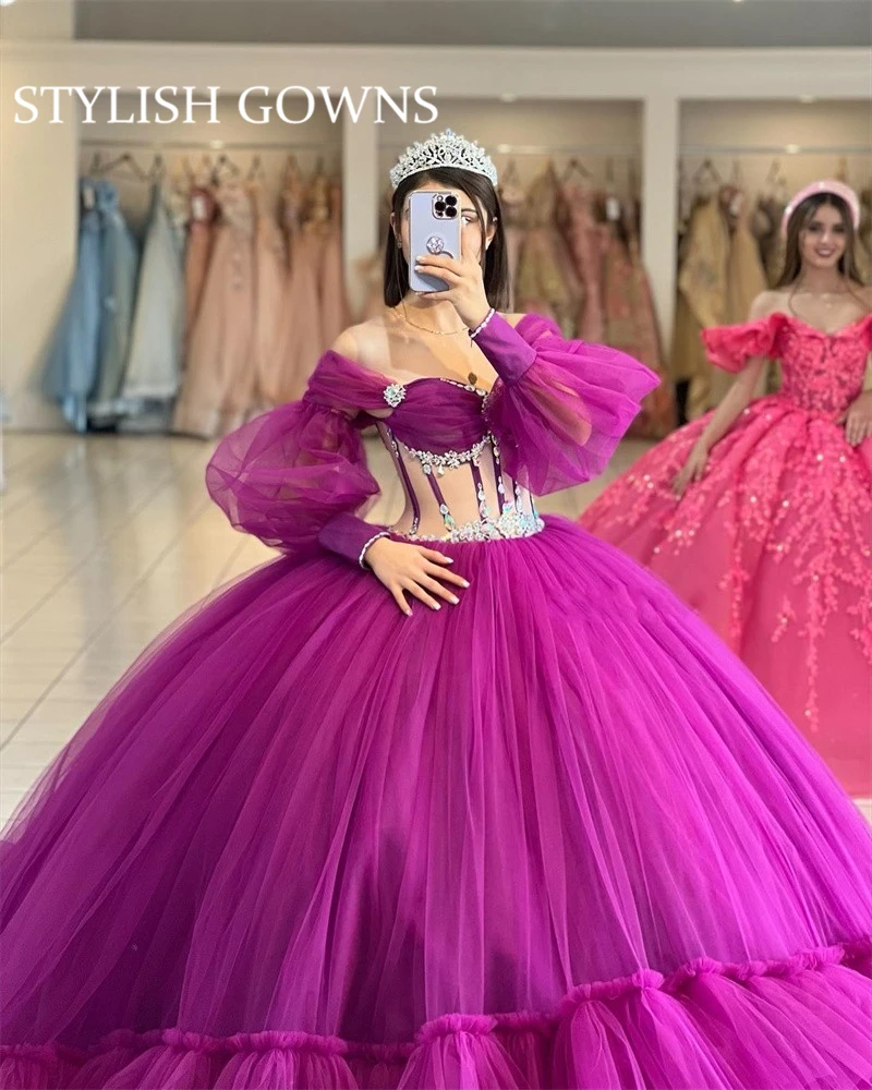 

Mexico Purple Off The Shoulder Ball Gown Quinceanera Dress For Girls Beaded Crystal Ruffles Birthday Party Gowns Prom Dresses