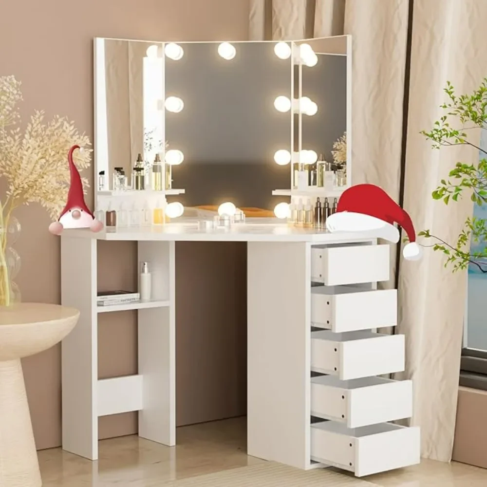 Corner Vanity Desk with Drawers and Mirror, Corner Makeup Vanity with Mirror and Lights, Small Bedroom Vanity Table Makeup Desk