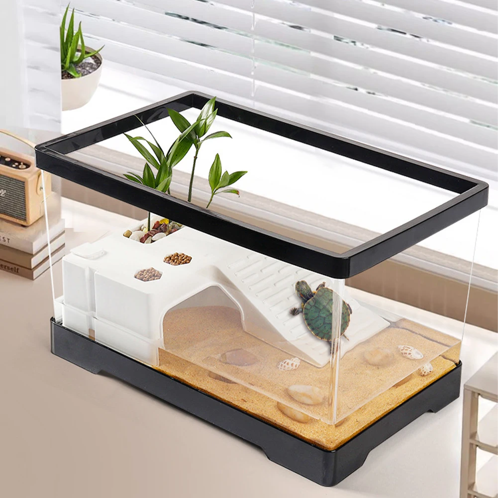 Large Transparent Turtle Tank Aquarium Fish Tank with Bottom Drain Reptiles Amphibians with Basking Platform Open Breeding Box