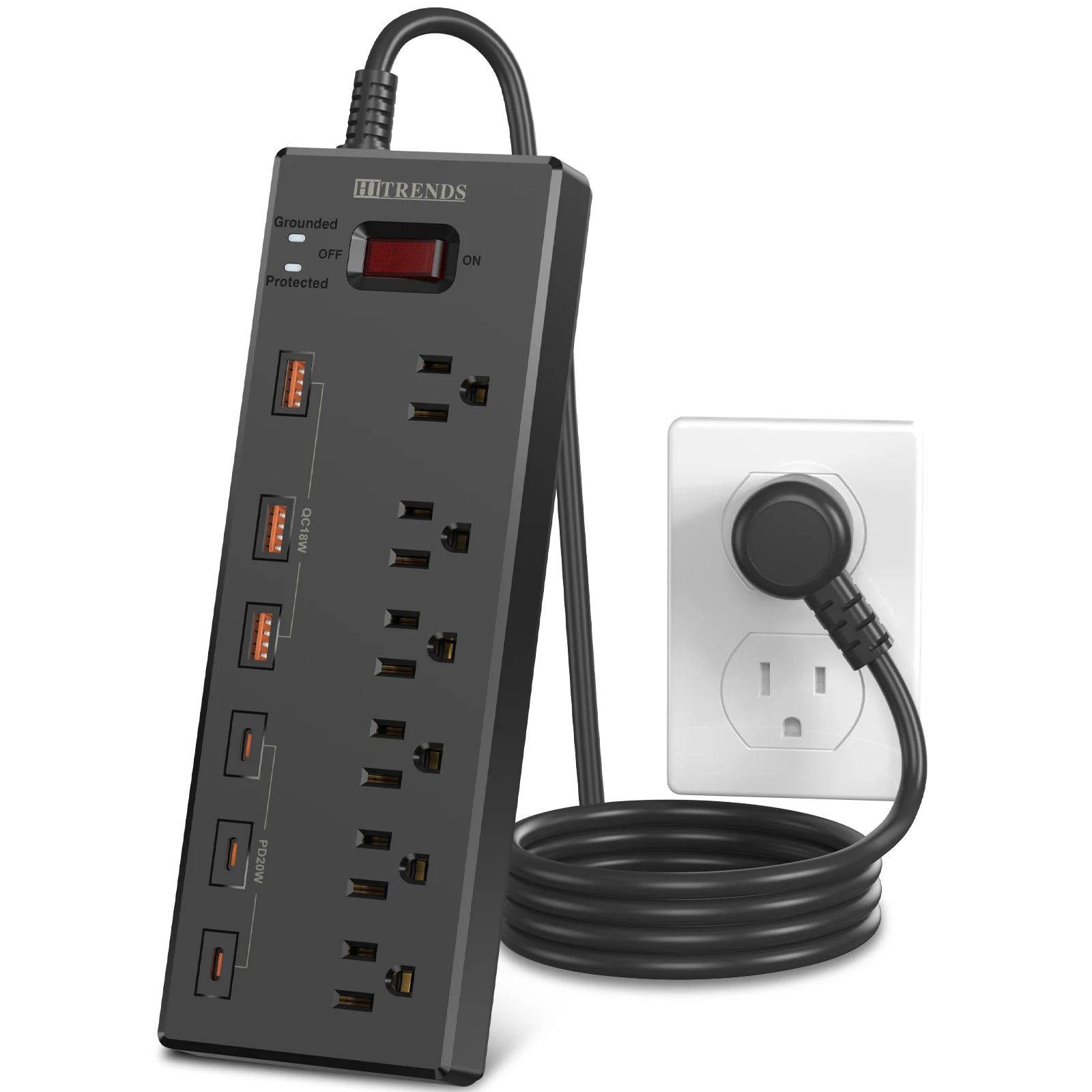 

Многофункциональная розетка 12-в-1, быстрая зарядка 3USB-A/3USB-C, ультратонкий штекер, огнеупорный и ударопрочный, кабель 1,8 м
