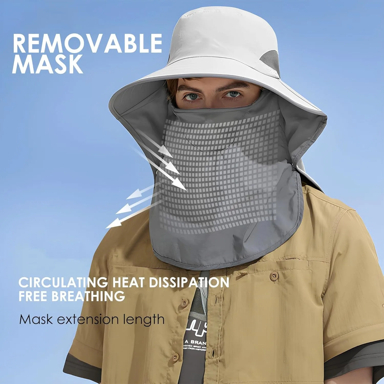 屋外用サンハット 取り外し可能なネックフェイスフラップ UPF 50+UV 保護バイザー 釣り帽子 ネックフラップ付き メンズ&レディース用