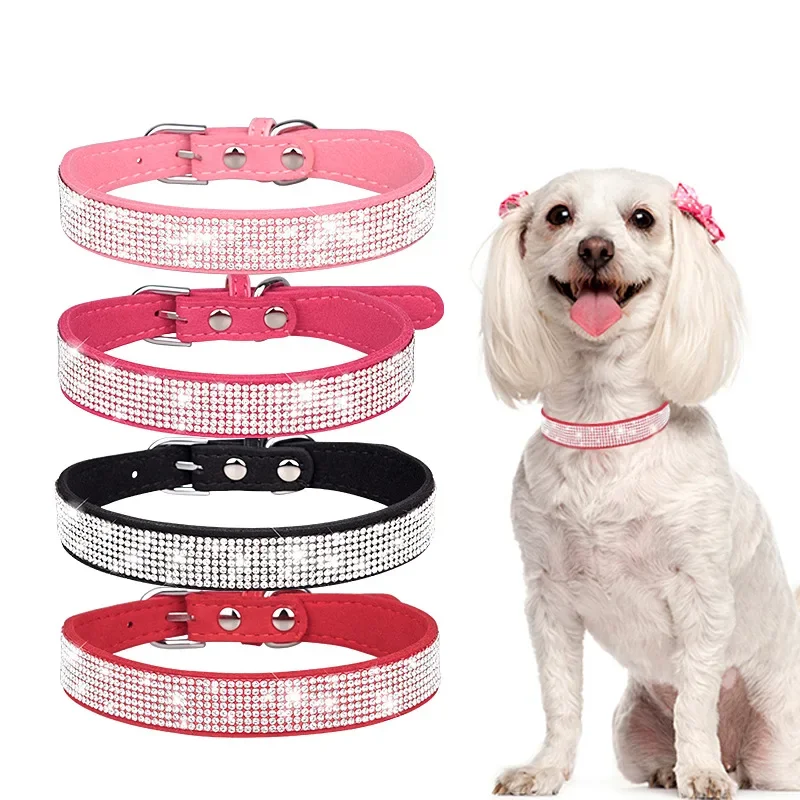 Suede Fiber Crystal Dog Collar Comfortable Glitter Rhinestone Dog Collars Zinc Alloy Buckle Collar for Small Dogs Cats