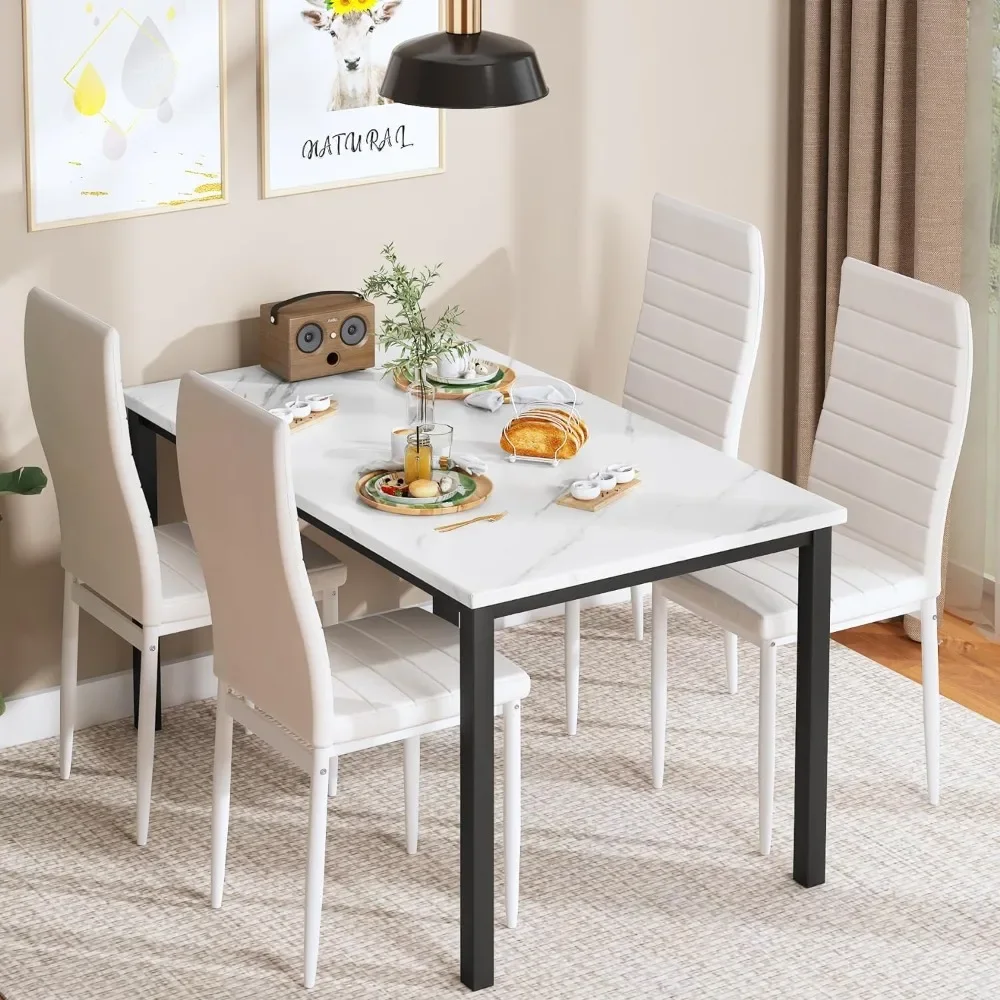 Kitchen Tables Set for 4, Dining Faux Marble Top Table and 4 PU Leather Chairs, 5 Pieces Dining Room Table Set for Small Space