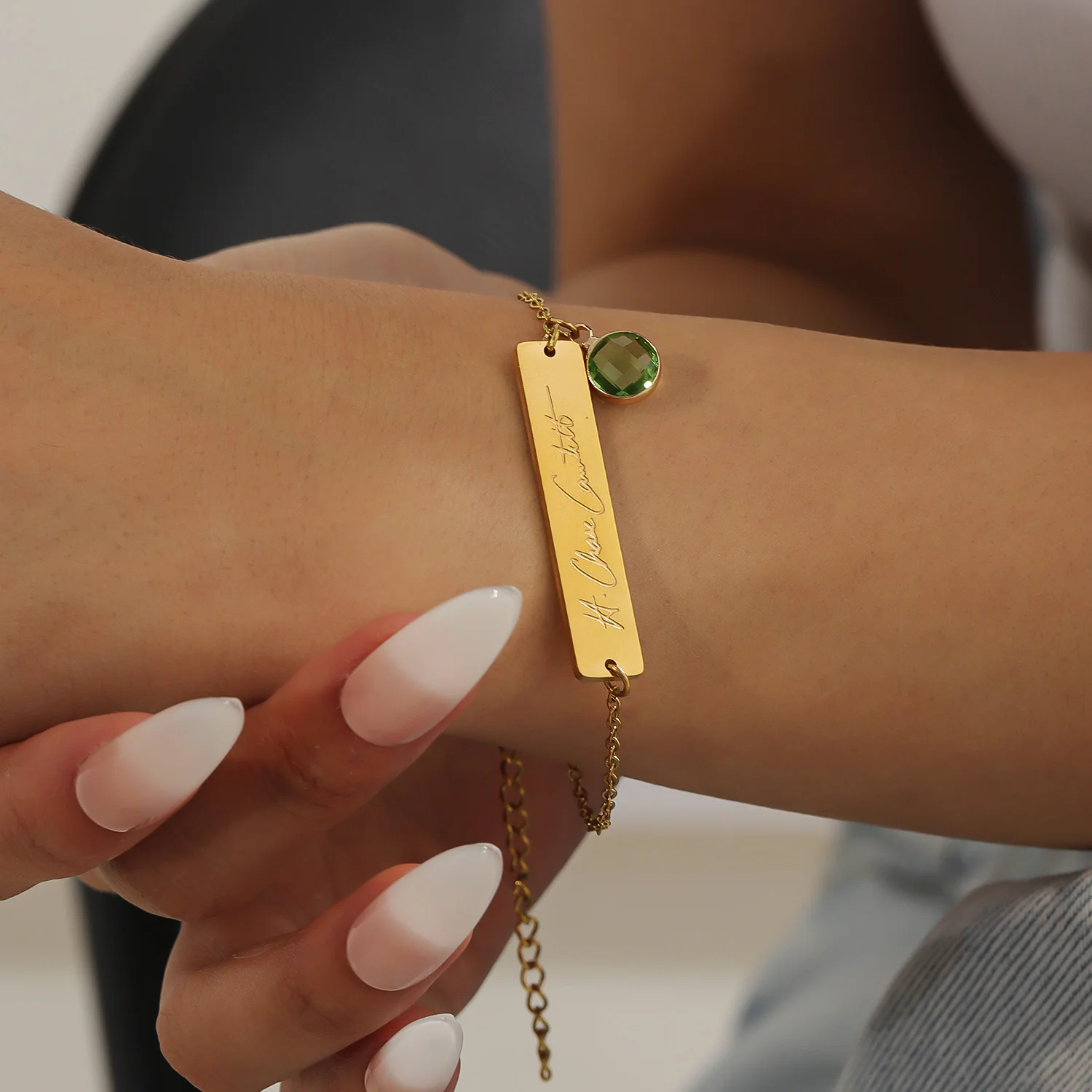 Wide Engraved Horizontal Bar Bracelet with Birthstone Charm Customizable Text 18K Gold Plated Stainless Steel Personalized Gift