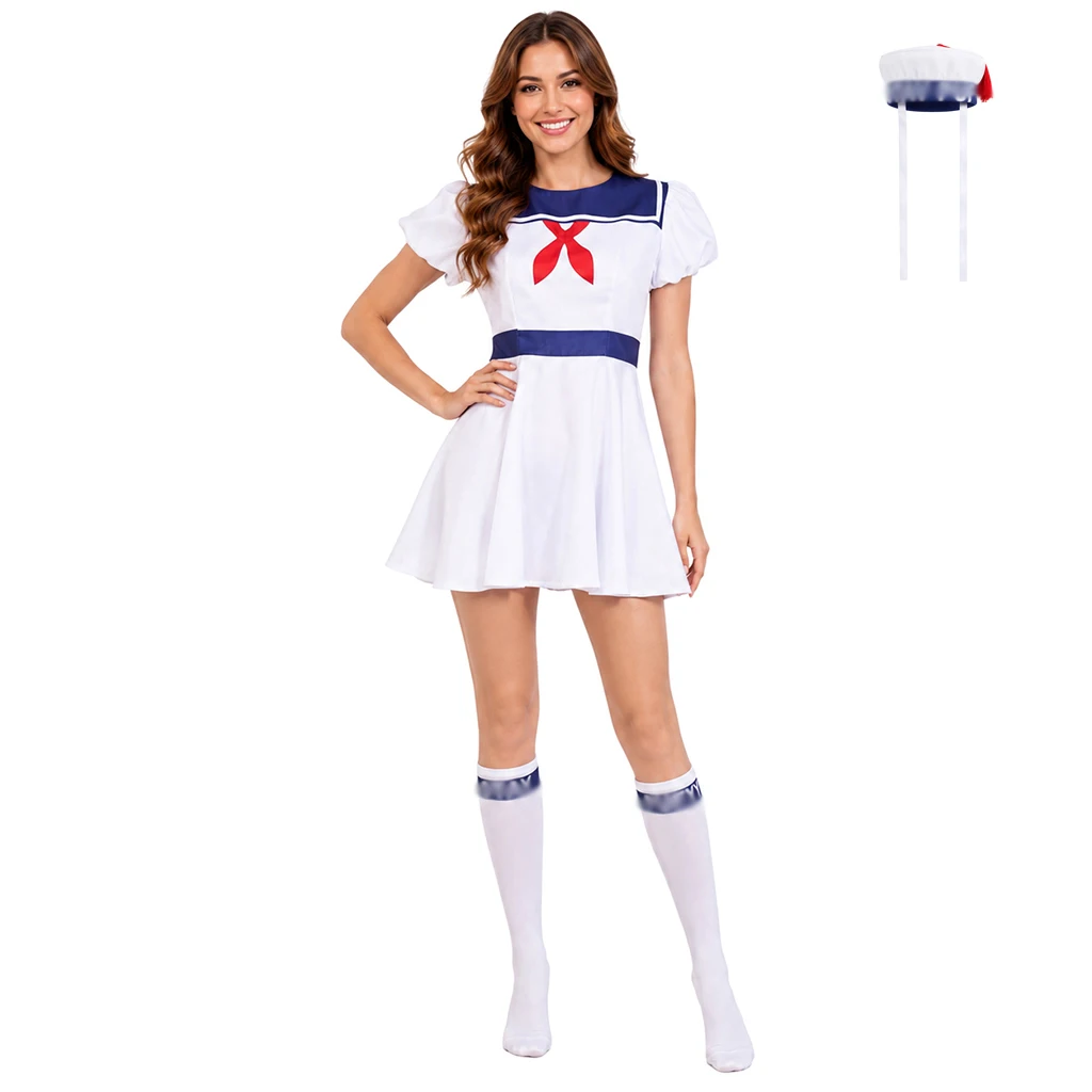 Women's Marshmallow Cosplay Costume Giant Sailor Candy Monster Outfit Blue White Dress with Hat and Socks Halloween Party Suits
