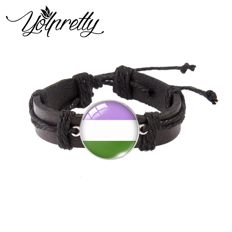 2023 New Arrival Les Gay Bi Trans Pride Rainbow Flag Glass Dome Bracelet Handcraft Jewelry Black Leather Bracelets for Men