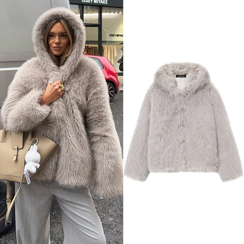 

Куртка из искусственного меха с капюшоном, женская осенне-зимняя теплая повседневная свободная куртка с меховыми лацканами, новинка 2025 года, модная элегантная женская новая верхняя одежда ﻿ ﻿