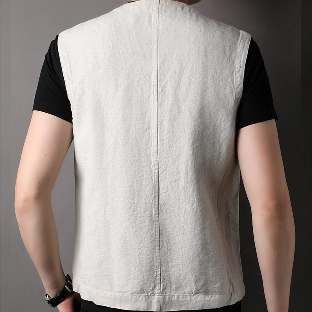 Male Clothes Linen Vests for Men With Pocket Single Breasted Casual Sleeveless Jacket Summer Suits Blazer Men's Clothing