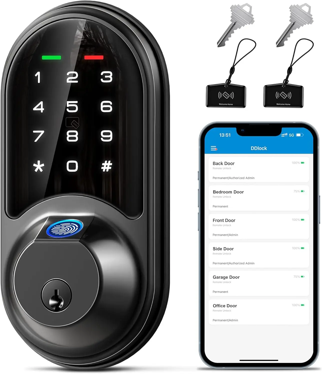 7-in-1 Keyless Smart Door Lock with Fingerprint, App Control, Touchscreen Keypad in Matte Black