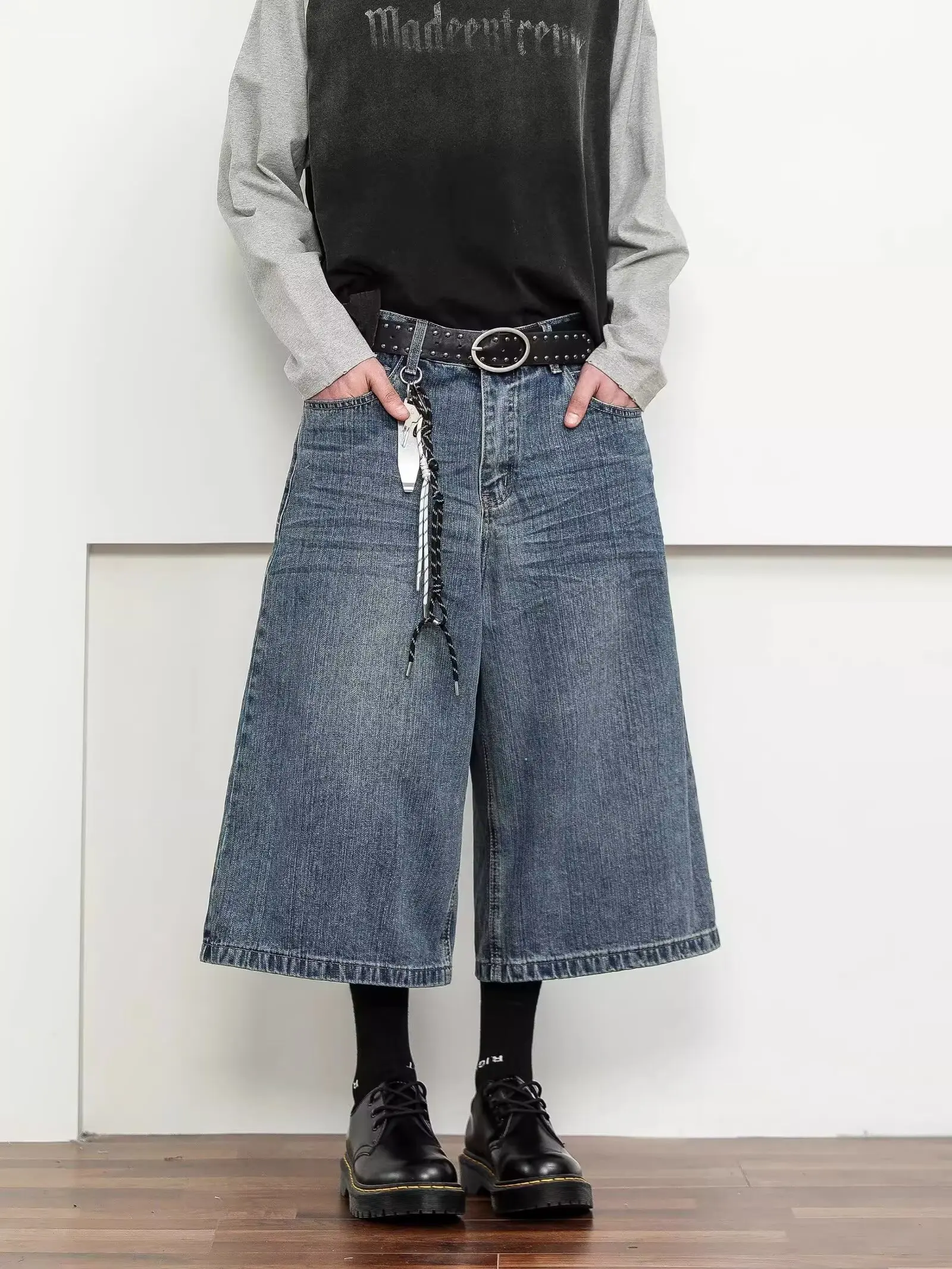 

Retro American Plaid Splicing Seven-Foot Jeans Loose Straight Waed Blue Jeans for Men And Women Summer New Sle Trendy