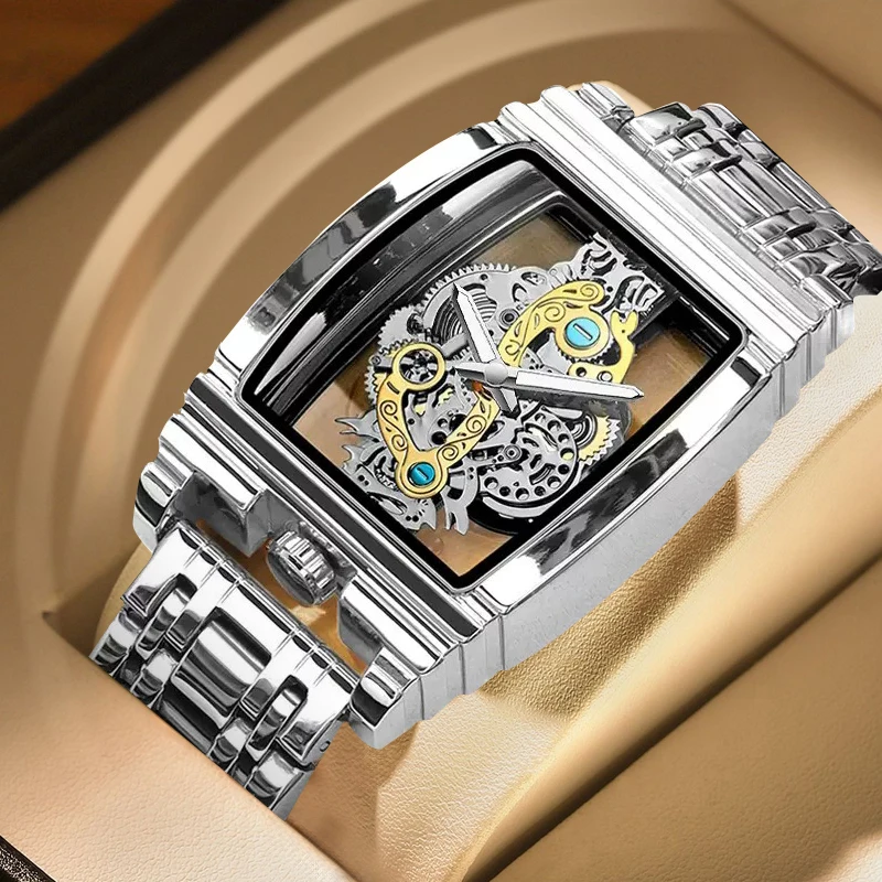 

Мужские простые спортивные кварцевые часы с серебряным стальным ремешком и квадратным механизмом