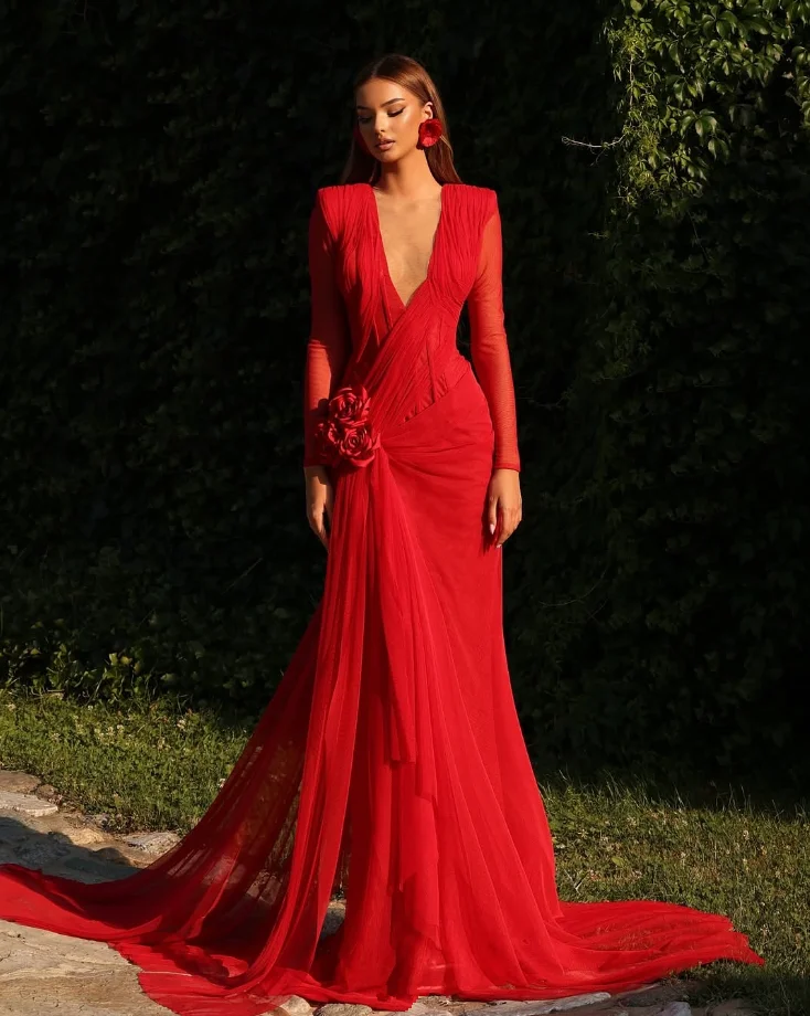 Красное платье-футляр для выпускного вечера, плиссированное шифоновое платье с рюшами и цветочным принтом, сексуальное вечернее платье с v-образным вырезом и длинными рукавами, Pastrol Unis, индивидуальный размер