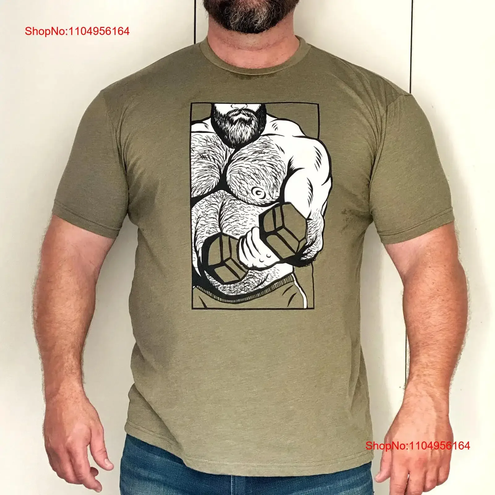 Camiseta Big Jim militar verde Gay Bear Muscle Scruff Woof gimnasio bíceps vintage lavado estirado suave moda cómoda