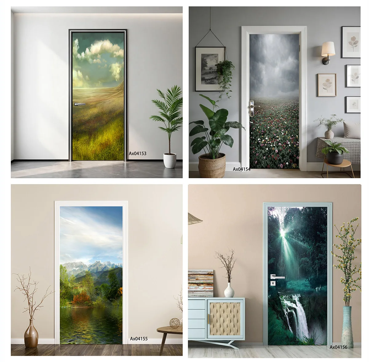 Pegatina de vinilo autoadhesiva impermeable para puerta interior con diseño de pradera dorada, colina rodante y nube esponjosa rural