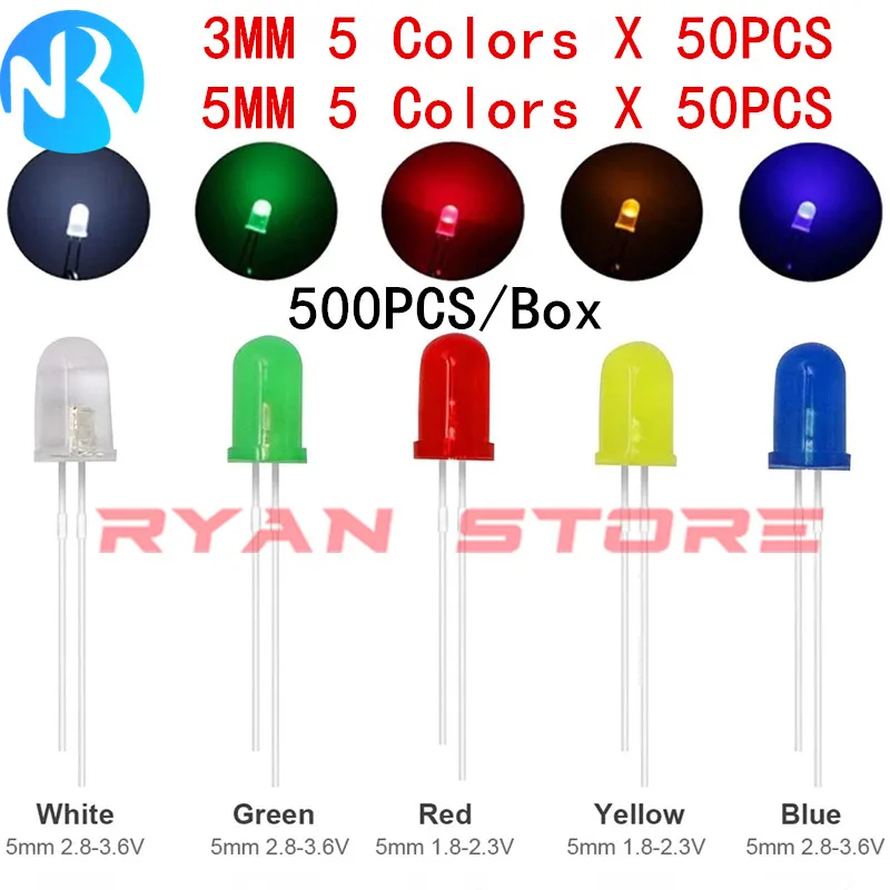 500 pz/scatola Set di diodi emettitori di luci a LED 3MM 5MM Kit di diodi a LED per elettronica fai da te bianco rosso blu verde giallo