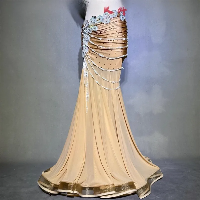 맞춤형 밸리 댄스 드레스 성능 드레스 새로운 Mirad 하이 엔드 옐로우 컬러 섹시한 가방 엉덩이 테일 스커트 브래지어