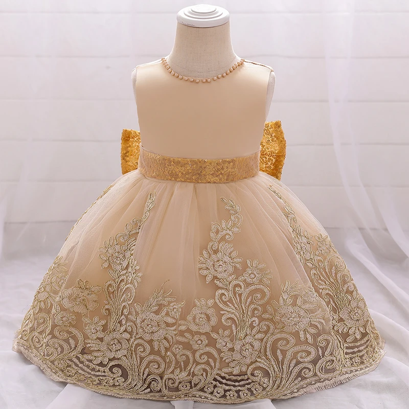 Flower Champagne 1srt Birthday Dress For Baby Girl Clothes Princess Dresses Baptism Dress Infant Vestidos Toddler Ceremony