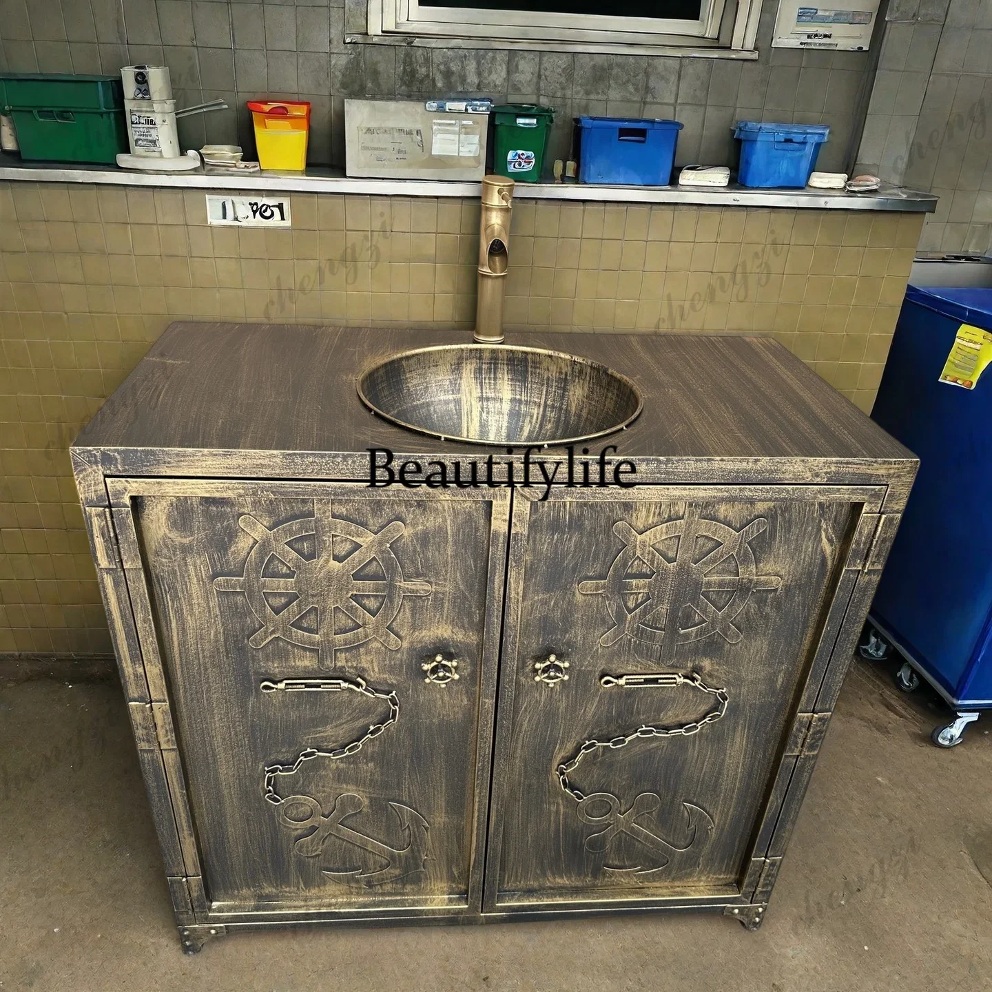 B567 Retro industrial style washbasin creative bar washbasin floor integrated column cabinet washbasin