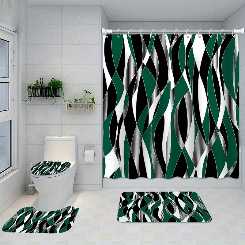 4pcs Deluxe Bathroom Set - Green Stripe Pattern Waterproof Shower Curtain with Hooks, U-Shaped Mat, Toilet Cover Mat, L-Shaped