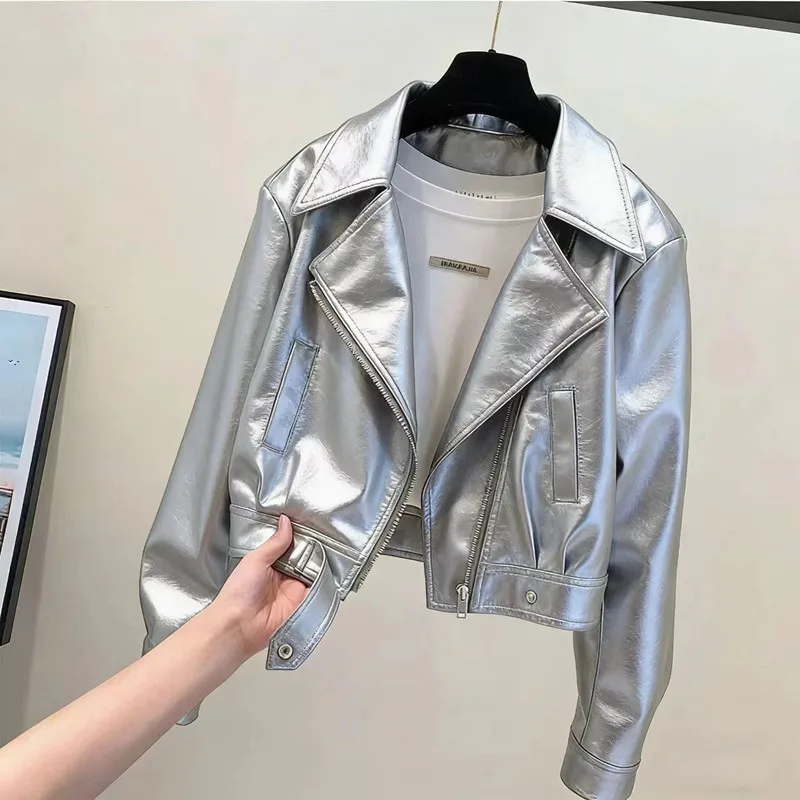 

Модная женская укороченная кожаная куртка 2026 года, серебристая, на молнии, с отложным воротником, повседневная, в уличном стиле, свободного кроя