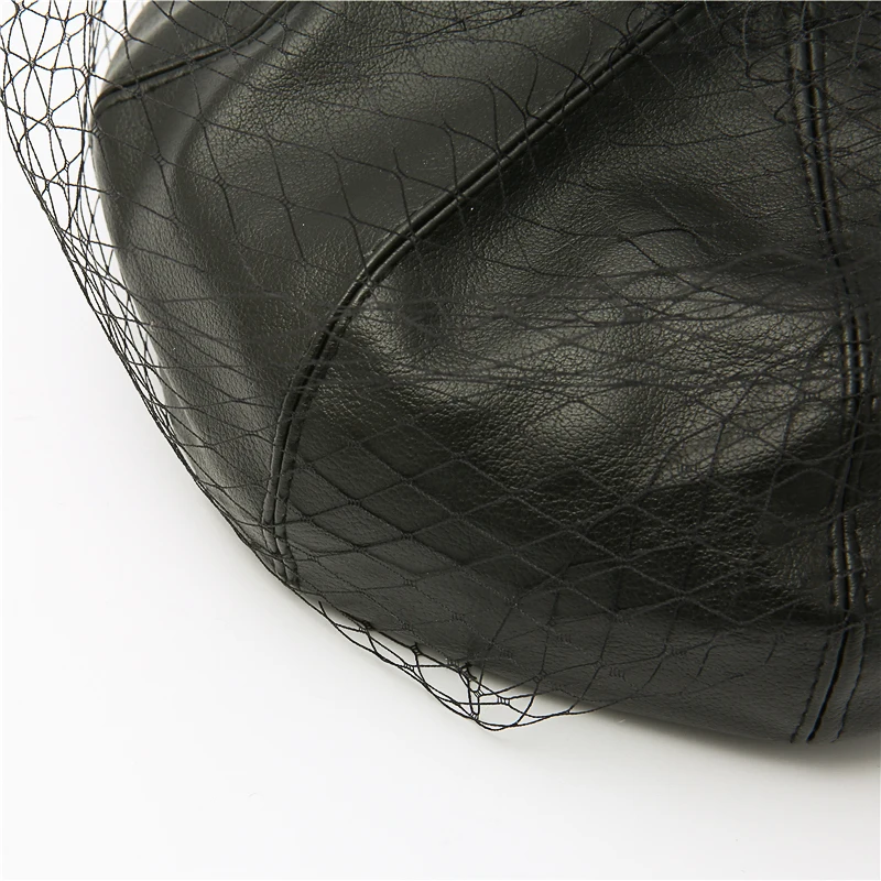 2022 New spring summer Black Hat Chic Leather French Beret With Veil Mesh Show Double Layer Women Beret Beanies Cap