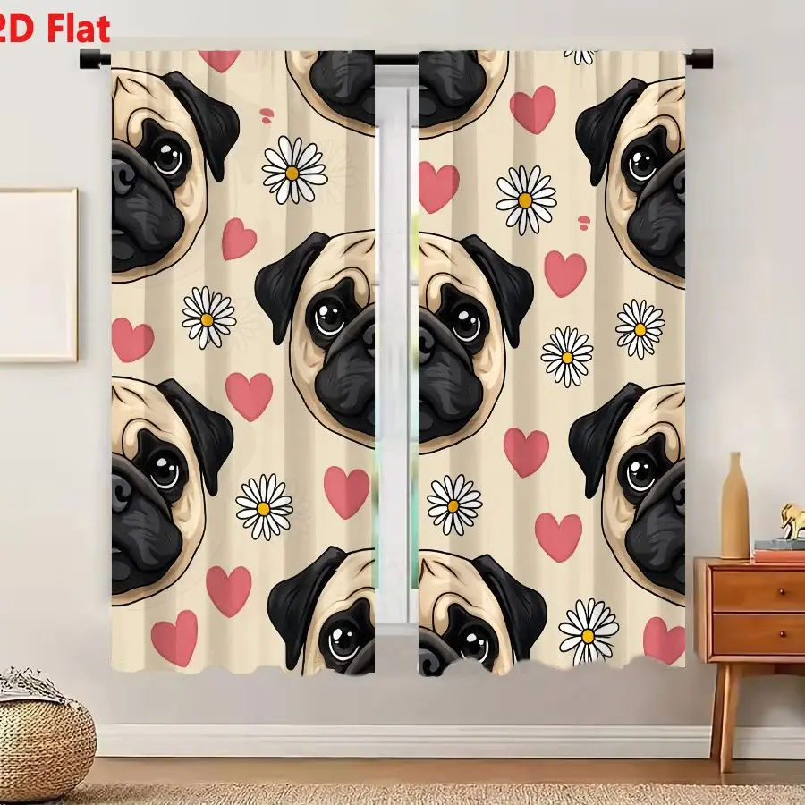 2 cortinas con diseño plano 2D sin costuras con lindas cabezas de perro pug, corazones rosas y margaritas blancas sobre un fondo beige claro.