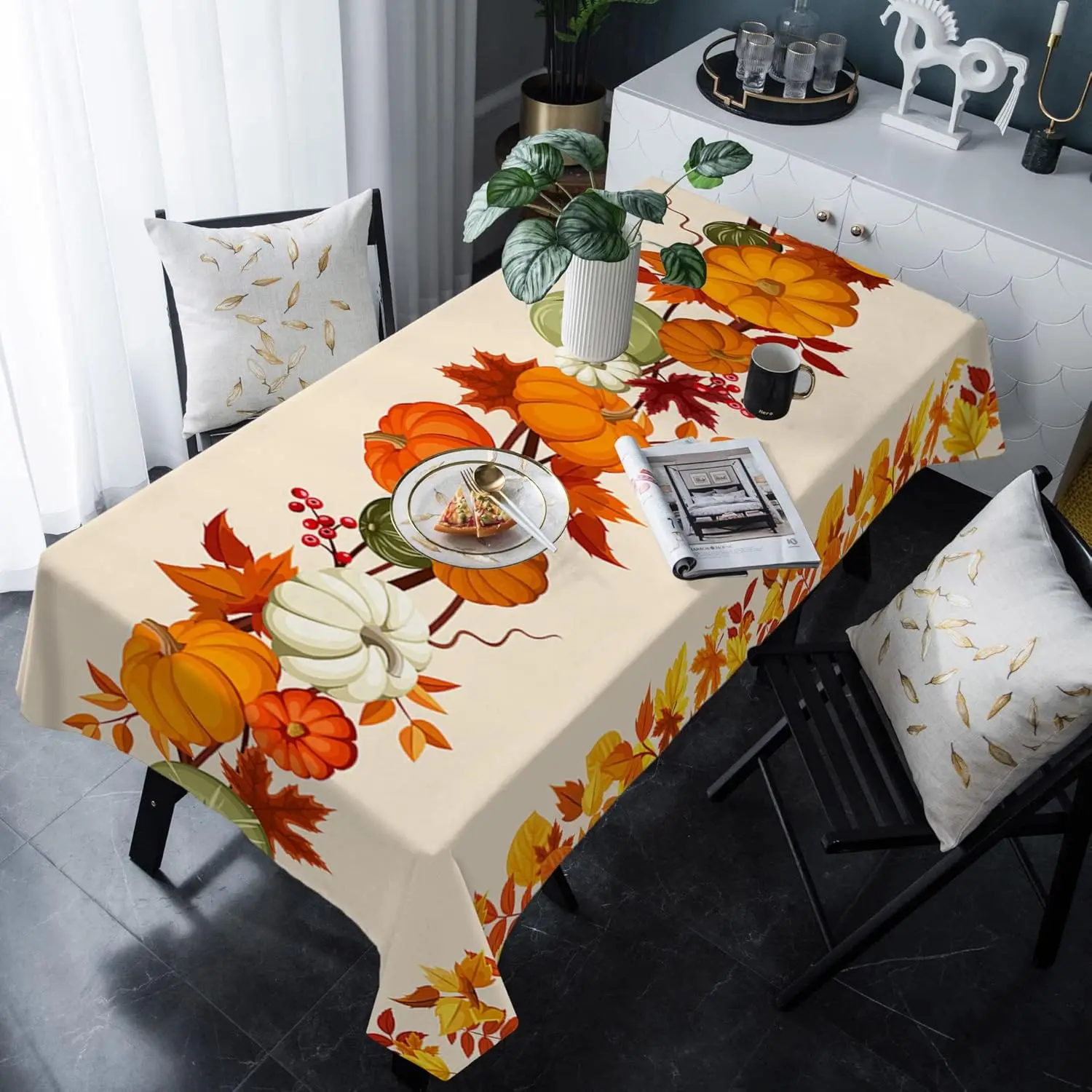 Fall Pumpkins Maple Leaves Rectangle Tablecloths for Table Decor Reusable Kitchen Dining Tablecloth Autumn Decorations