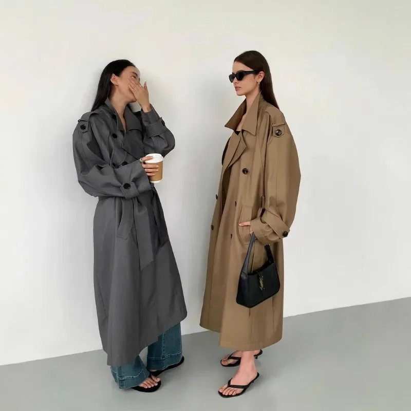 

Весенне-осенний длинный серый плащ цвета хаки для женщин, двубортный свободный повседневный корейский модный плащ 2025