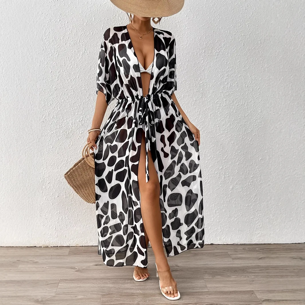 Beach Coverups For 2025 Summer Kaftan Dress Swimwear Women Cardigan Loose Bat Sleeve Tie Waist Cinched Leopard Print Mesh Bikini