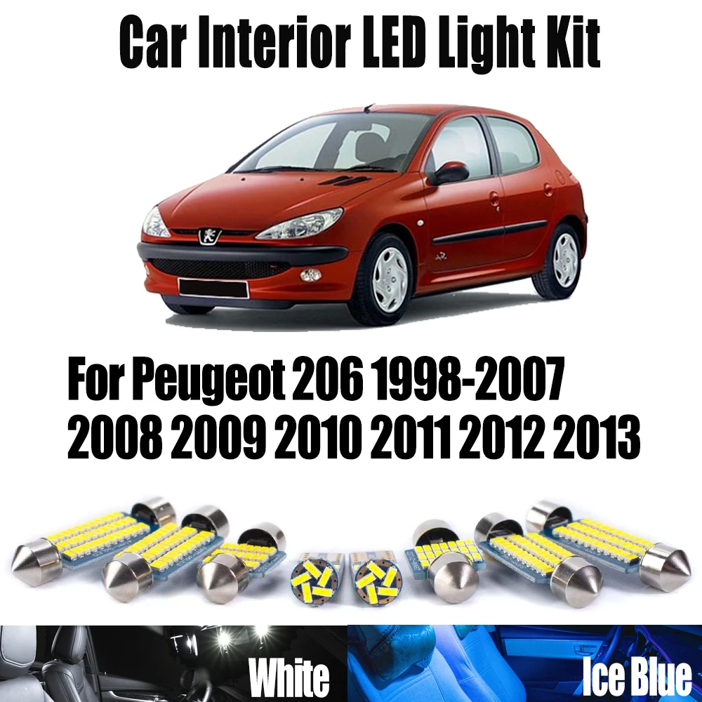 

8Pcs Canbus For Peugeot 206 1998- 2009 2010 2011 2012 2013 Car Accessories LED Interior Trunk Map Dome Number Plate Light Kit