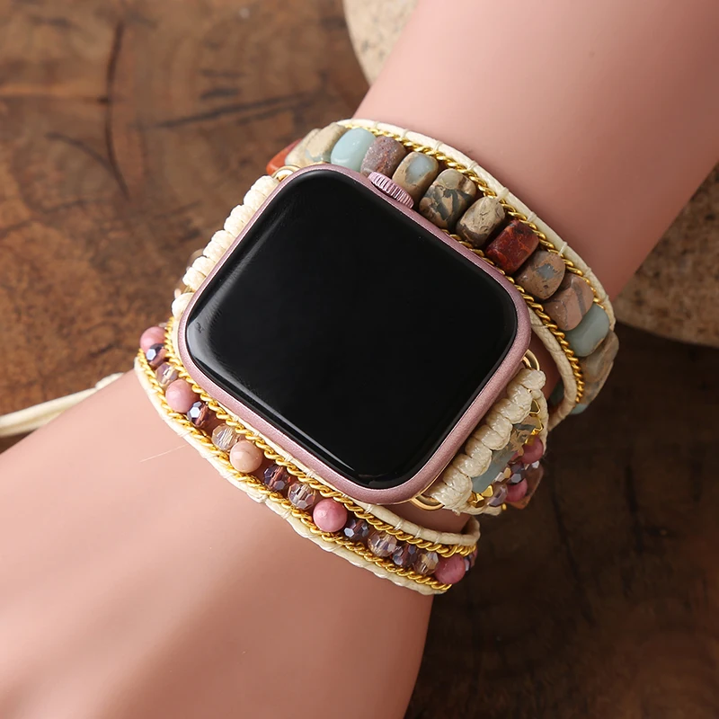 Vegan Cord Multistrand Smartwatch Straps Handmade Beaded Stones Fit For 38mm to 49mm Dial Plate Versa 2 3 Sense