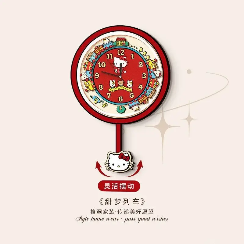 Kawaii Sanrio Sweet Dream Train Pendulum Wall Clock Hello Kitty My Melody Silent Non-Ticking Clock Girls Bedroom Home Decor Gift view 3