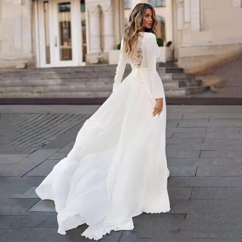 Customized Chiffon Illusion Back Long Sleeve Boho Wedding Dress Simple V-Neck Appliques Bridal Gown Vintage Bohemian 2026
