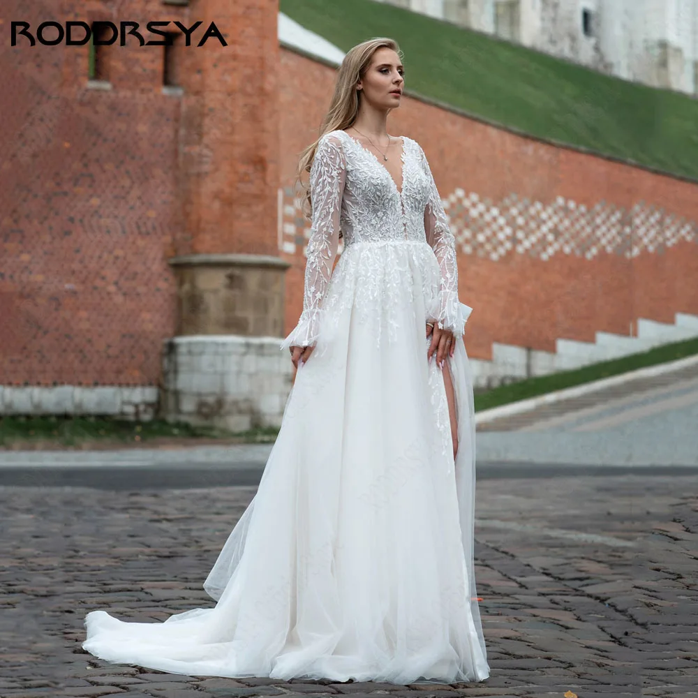 RODRSYA Backless maniche lunghe Abito da sposa A-Line Scoop Neck Applicare TRODDRSYA abito da sposa a maniche lunghe senza schienale a-line Scoop Neck Applique Tulle Side Split abiti da sposa Robe De Mariée Custom Made